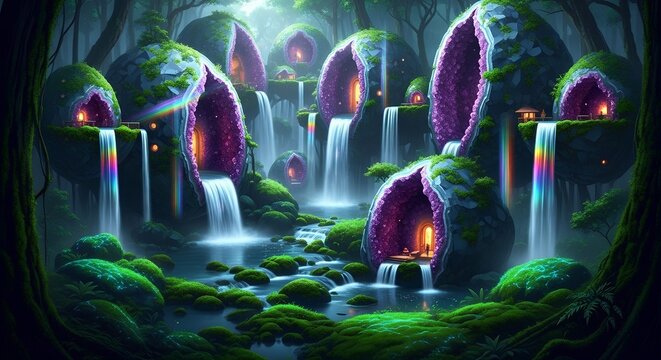 Magical fantasy village with glowing purple caves and flowing water falls in a dark green forest