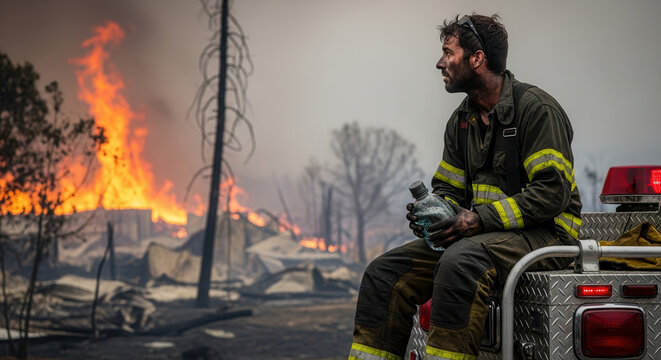 A firefighter in full protective gear sits on the back of a fire truck, holding a water bottle while observing a massive wildfire burning intensely in a forested area, with flames and smoke creating.