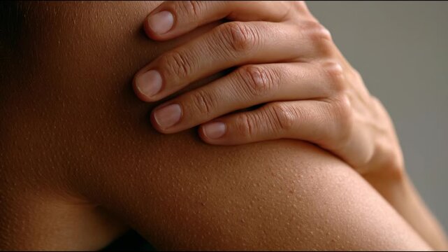 Close-up of human hand on bare shoulder showing skin texture and touch