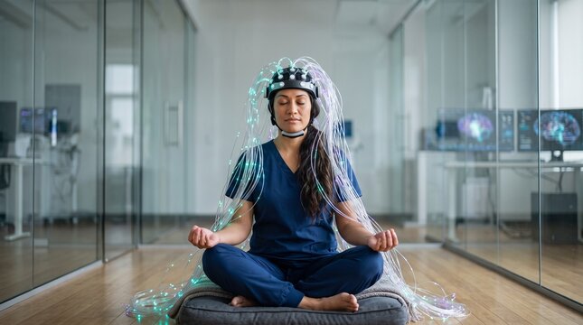 Woman meditating with brain interface in a modern office setting