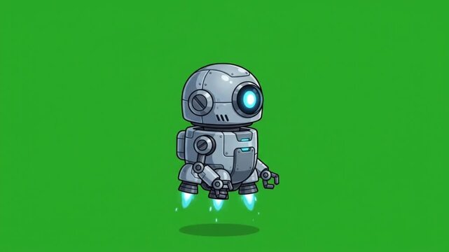 Cute cartoon robot flying with jet thrusters on a green screen background