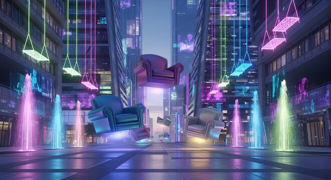 Futuristic city street with neon lights and floating furniture in a dark purple night landscape