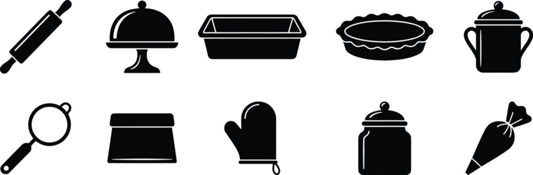 Vintage baking tools and kitchen utensils black silhouette icon set