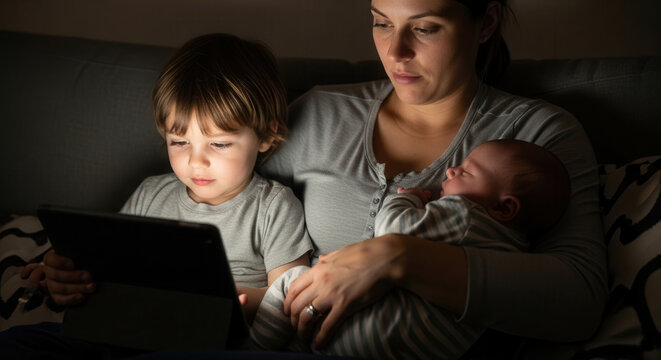 A heartwarming family moment in dim lighting shows a mother holding a newborn baby while a young child intently uses a tablet, capturing a tender scene of modern parenting and sibling bonding in.