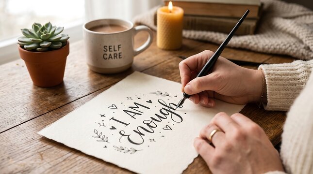 Person writing i am enough on paper with a pen at a desk