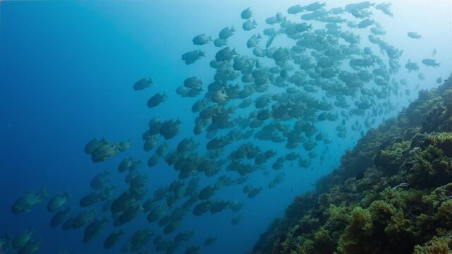 Underwater shot of huge school of Saildin Snapper swimming down a deep tropical reef in Peleliu, Palau