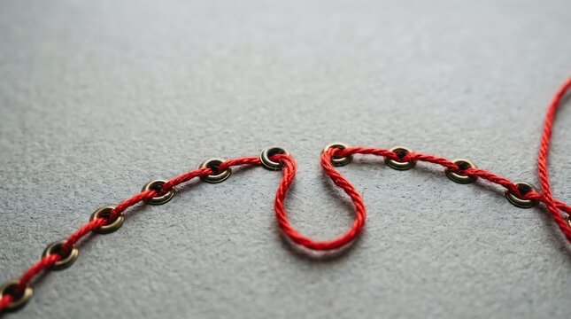 Red string with metal rings on a grey surface