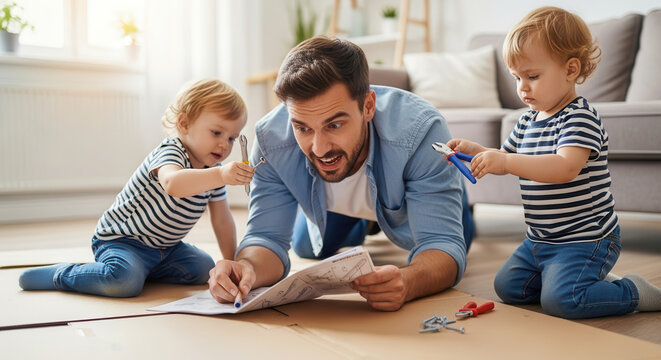 A cheerful father teaching his two curious toddlers basic DIY skills with tools and blueprints on the floor in a bright, modern living room, showcasing family bonding and early childhood education.