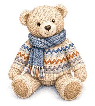 A teddy bear with a hand-knitted sweater and a scarf is sitting on a flat surface. The bear has a soft texture and a friendly face. It is in a warm and welcoming space