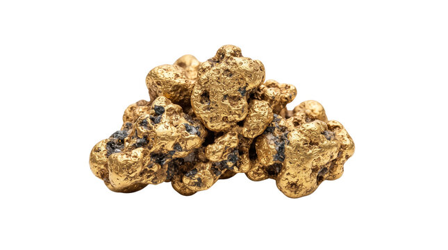 Natural gold nugget with raw metallic texture. Pure gold ore specimen for investment and mining concepts. Rough golden mineral stone. isolated PNG with Transparent Background