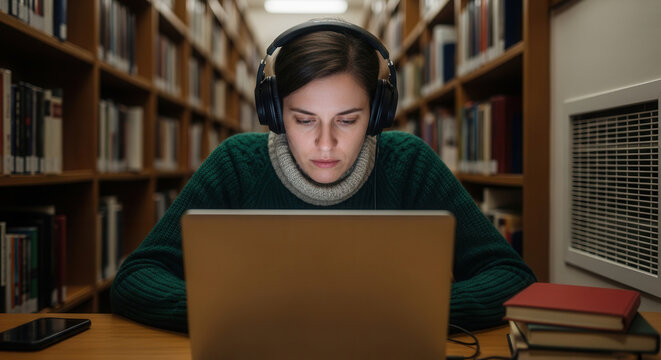 A focused young woman wearing large over-ear headphones studies intently on a laptop in a cozy library setting, surrounded by tall wooden bookshelves filled with books, creating an atmosphere.