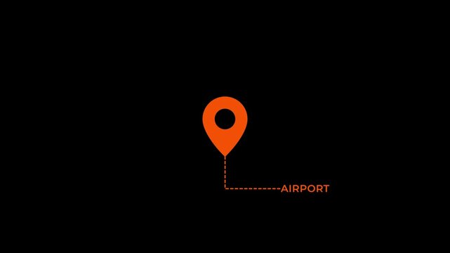 airport map label animation with location pin icon travel address marker gps navigation pointer outline graphic element seamless looping video asset 4k
