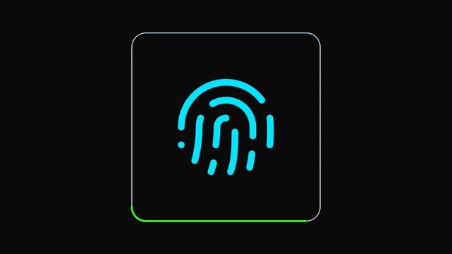 Fingerprint biometric scan blue glowing icon with green progress loading bar on black background for security access.