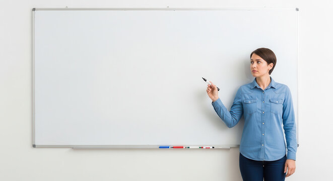 A thoughtful professional woman in a light blue denim shirt stands confidently in a minimalist office or classroom setting, holding a black marker while looking thoughtfully at a large blank.