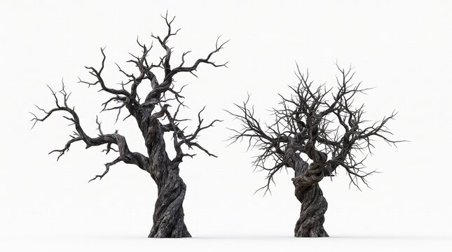 Silhouette of two bare winter trees isolated on white background for design projects