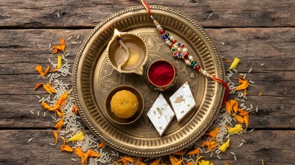 Fototapeta premium Raksha bandhan festival setup with a brass plate, rakhi, sweets, kumkum, and a lit diya on a wooden surface with rice and flower petals