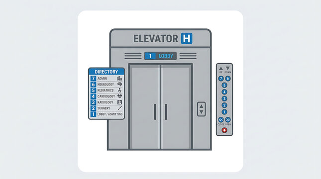Hospital elevator icon with directory and control panel, representing medical transport and access