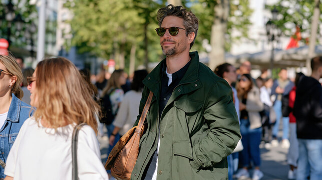 Dense crowded plaza filled with people as an anonymous ghostwriter moves unnoticed through the crowd, a worn leather manuscript bag over one shoulder, the concept of invisible authorship visible in 
