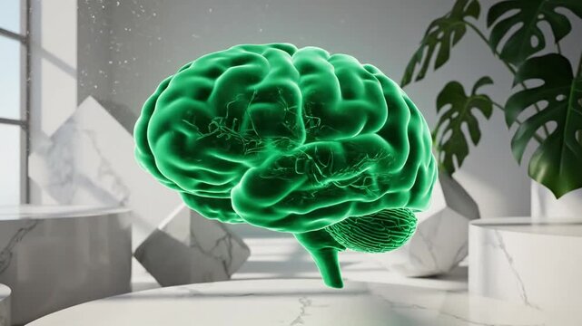 Digital Green Brain Rotates and Glows in Modern Minimalist Studio