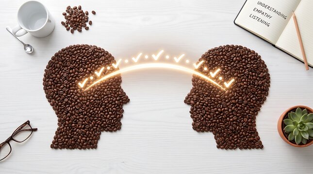 Two heads made of coffee beans sharing knowledge concept