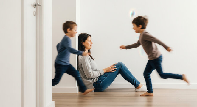 A joyful mother sitting cross-legged on a wooden floor in a bright, minimalist hallway watches her two energetic children playfully running past her in motion blur, capturing a heartwarming family.