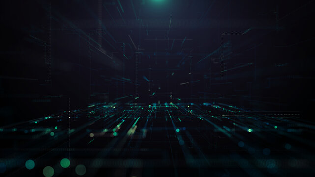 Futuristic abstract technology background with glowing teal data lines, digital particles, and network grids in dark cyberspace, representing big data, connectivity, computing, and information flow.