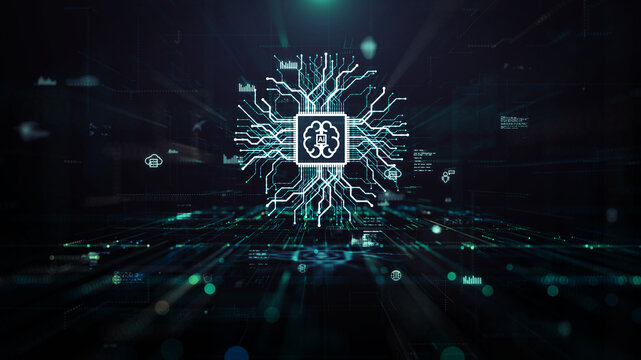 AI agents concept with digital brain and glowing circuit network in futuristic data space, representing AI agents, machine learning, automation, computing, and intelligent technology.