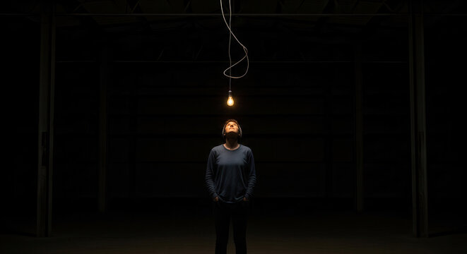 A contemplative individual stands alone in a dimly lit minimalist room, gazing upward at a single exposed bulb hanging from a wire, evoking themes of solitude, introspection, and raw emotional depth.