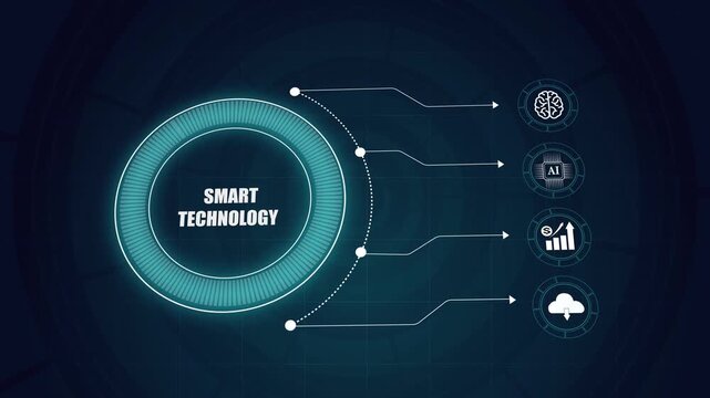 Digital smart technology infographic with artificial intelligence icons, modern business analysis interface, futuristic cloud computing diagram.