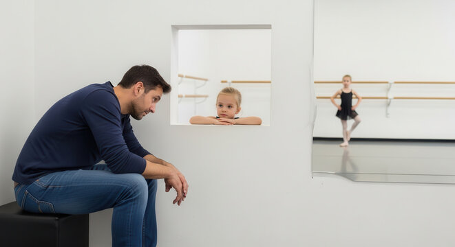 A thoughtful father watches his young daughter practicing ballet in a mirrored studio while observing her reflection in a framed photo, evoking a heartwarming moment of pride and encouragement during.