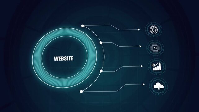 Digital website infographic with artificial intelligence icons, modern business analysis interface, futuristic cloud data connectivity diagram.