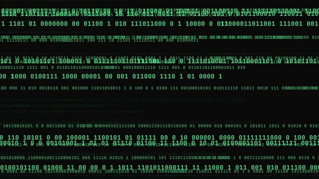 Binary code data strings shifting horizontally with digital glitch distortion on black background for cybersecurity
