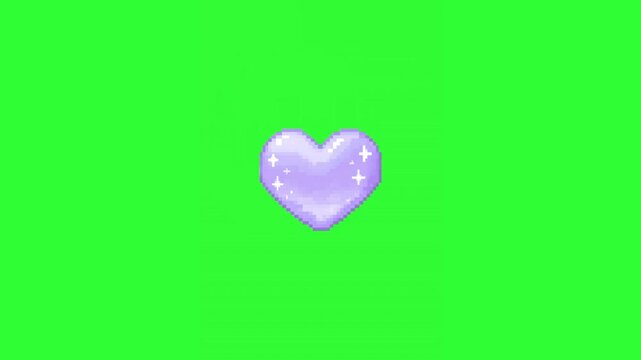 Animated pixel art purple heart bouncing and sparkling on a bright green screen, ideal for romantic videos, Valentine's Day content, game graphics, social media overlays, and chroma key motion design.