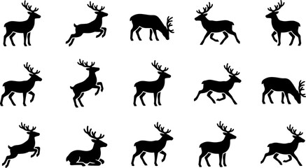 Obraz premium Reindeer silhouette icons in various poses on a transparent background vector.