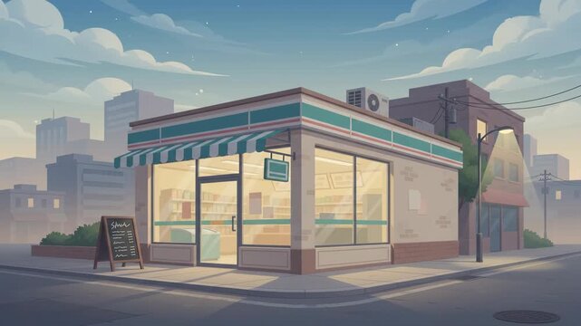 Cozy corner store illuminated at dusk, with a warm and inviting atmosphere, perfect for a late-night snack or quick shopping trip.