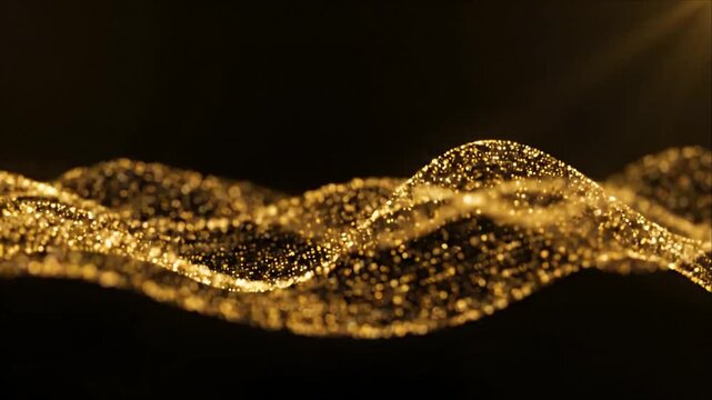Golden Particle Wave Abstract Background with Glowing Texture, Flowing Motion, Sparkling Droplets, Warm Bokeh Light, Luminous Digital Landscape, Elegant Dark Contrast, Black Atmosphere