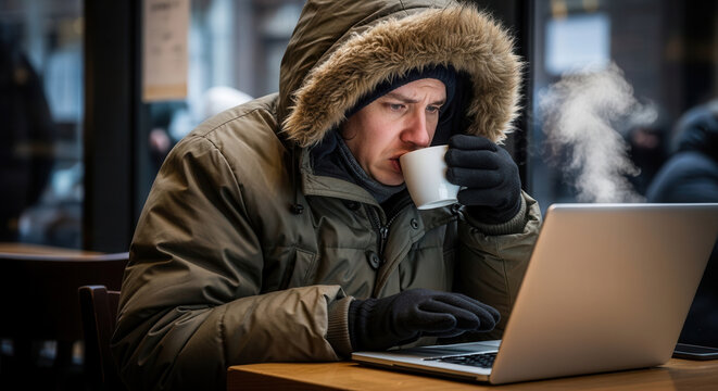 A man in a cozy winter parka with fur hood sips hot coffee from a disposable cup while working intently on his laptop at a busy indoor caf, showcasing a modern professional balancing warmth.
