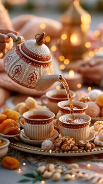 Hand pouring hot tea from a decorated teapot into cups on a tray with nuts and dried apricots