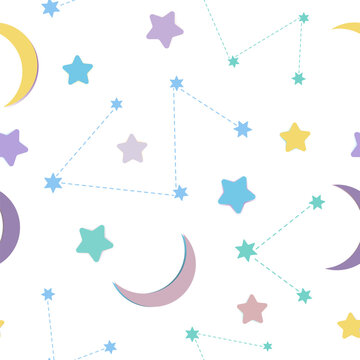 Seamless children's pattern with playful stars, constellations and crescent moons on a light background, dreamy celestial design for nursery decor