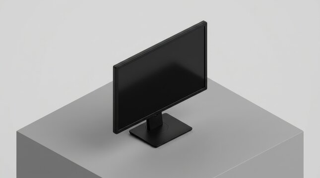 Isometric 3D render of a black computer monitor with blank screen sitting on a grey pedestal block, minimalist technology mockup presentation against a clean light grey studio background