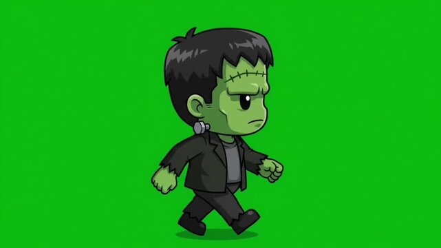 Cute cartoon Frankenstein monster character walking animation on green screen background