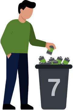 Hand traced vector illustration of a man wearing a green sweater dropping a used battery into a black e waste recycling container marked with number seven, depicting electronic waste disposal