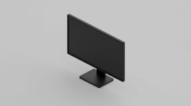 Minimalist 3D render of a black computer monitor with a blank screen, positioned at an isometric high angle on a clean light gray studio background for product mockup display