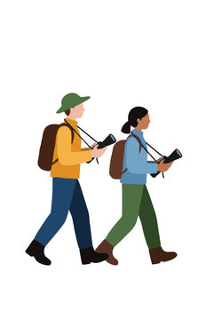 Two birdwatchers walking on a forest trail carrying binoculars and backpacks, flat style vector illustration of nature exploration, outdoor leisure activity, and wildlife observation companions