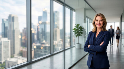 Fototapeta premium Confident smiling businesswoman standing with arms crossed in a modern corporate office hallway with city skyline view