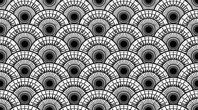 Monochromatic geometric wave pattern with repeating scalloped shapes creates a visually striking.