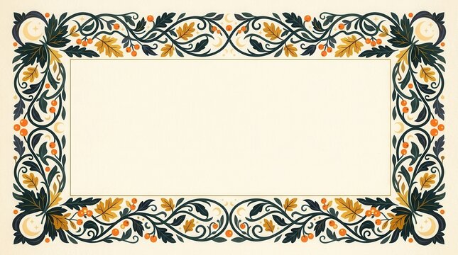 Elegant autumn botanical frame with swirling leaves berries crescent moons and decorative foliage surrounding a blank center