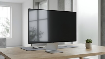 Fototapeta premium Modern blank smart TV screen on wooden stand in bright minimalist living room interior