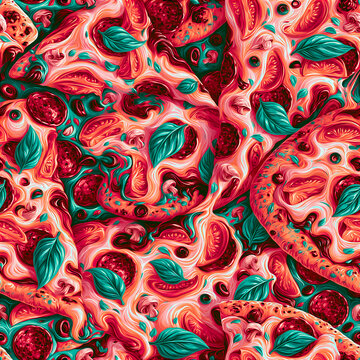 Seamless retro pizza and tomato pattern with basil leaves