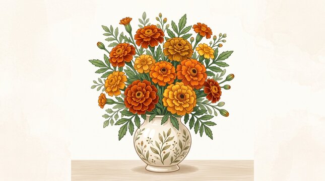 Marigold bouquet illustration with orange and yellow flowers in a ceramic vase for autumn decoration